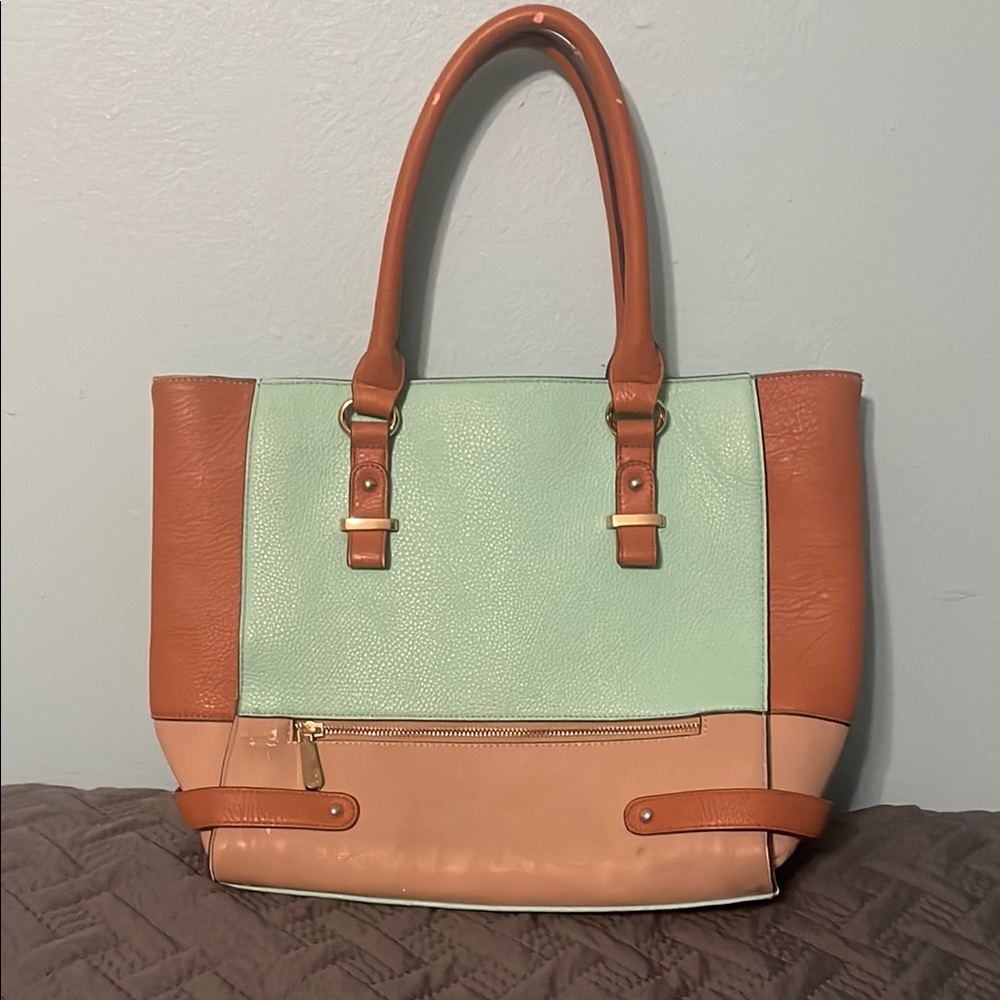 Charming Charlie’s Mint and Tan Leather Tote Bag